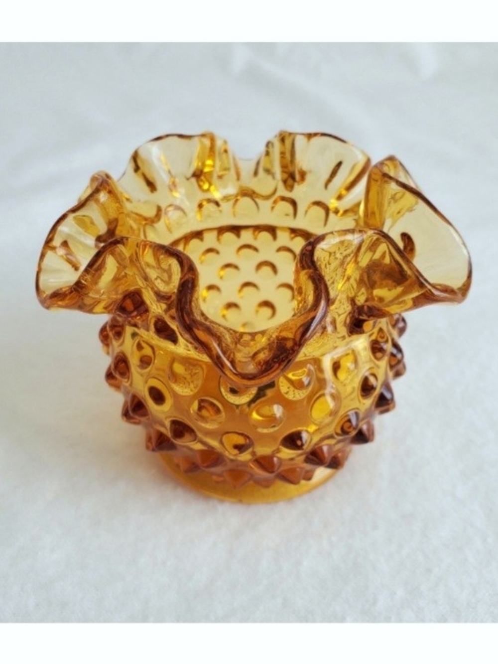 Vintage Fenton Amber Hobnail Ruffled Glass Bud Vase Votive Candle Holder
